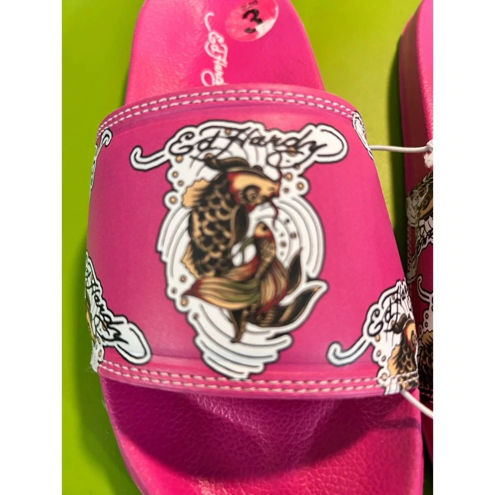 Ed‎ Hardy Pink Koi Fish Tattoo Graphic Slide Sandals Kids Size 3